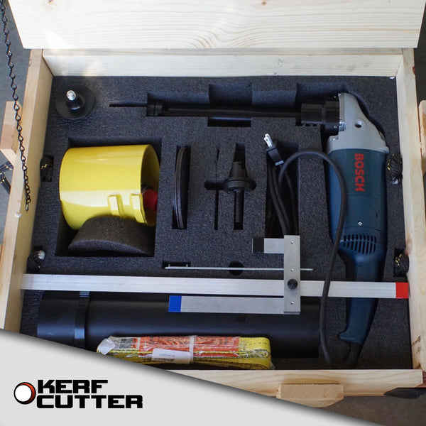 Photo of the Kerf Cutter tool in its box with accessories from HydroVerge which is used to repair valve boxes